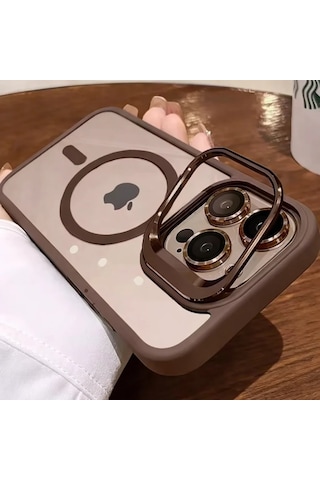 İphone 16 Pro Max Uyumlu Kılıf Klon Stantlı + Lens Korumalı Magsafe Telefon Kılıfı Bronz
