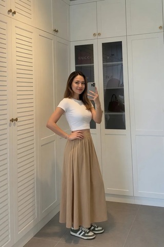 Kadın Bej Poplin Kumaş Uzun Etek Beli Lastikli Günlük Maxi Etek 90 Cm