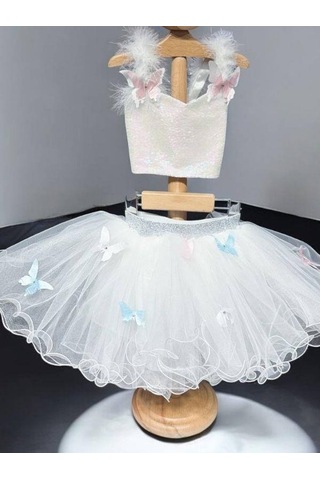 Kız Çocuk Kelebek Desenli Pullu Croplu Tütü Etekli Takım-15462 Beyaz
