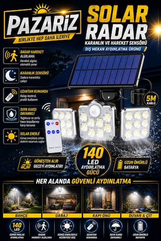 140 Led Güneş Enerjili Led Aydınlatma Solar Lamba Kumandalı 5 Metre Kablolu Bahçe Lambası 3 Modlu Kaliteli Sensörlü Solar Sokak Lambası 3 Başlı Hareket Sensörlü Dış Mekan Güvenlik Lambası