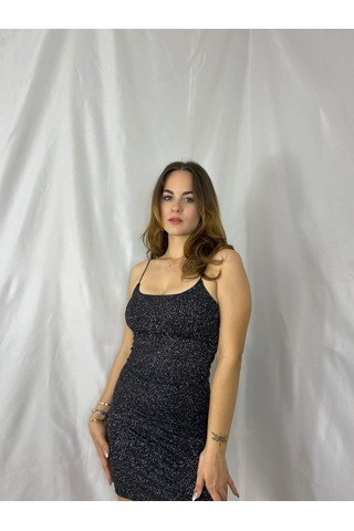 Gümüş Simli Ip Askılı Mini Elbise Siyah