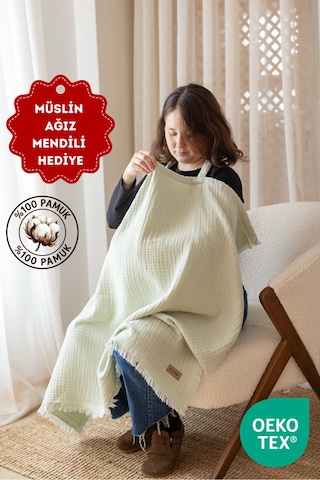Zeypba 4 Katlı Müslin Emzirme Örtüsü & Puset Örtüsü Püsküllü 90x110 CM Su Yeşili