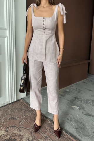 Moderie Butik Şantuk Keten Yelek Görünümlüaskılı Bluz - Pantolon Tk - Lila Lila