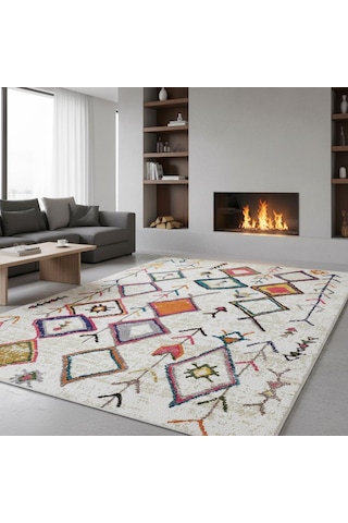 Krem Çok Renkli Boho Motifli Dijital Baskılı Halı Kaymaz Tabanlı, Geometrik Modern Desenli Salon