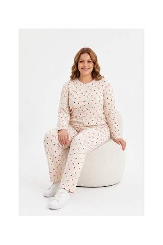 Sleeproom Büyük Beden Kadın Mevsimlik Pointiel Kalp Desen Pijama Takımı Beyaz