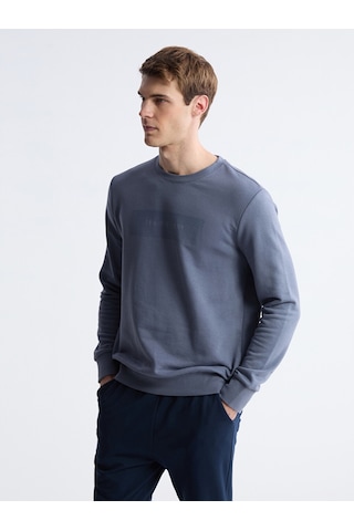 Lcwaıkıkı Classic İndigo Bisiklet Yaka Baskılı Erkek Sweatshirt