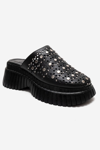 Luvishoes Harlow Siyah Cilt Hakiki Deri Troklu Kadın Dolgu Tabanlı Terlik