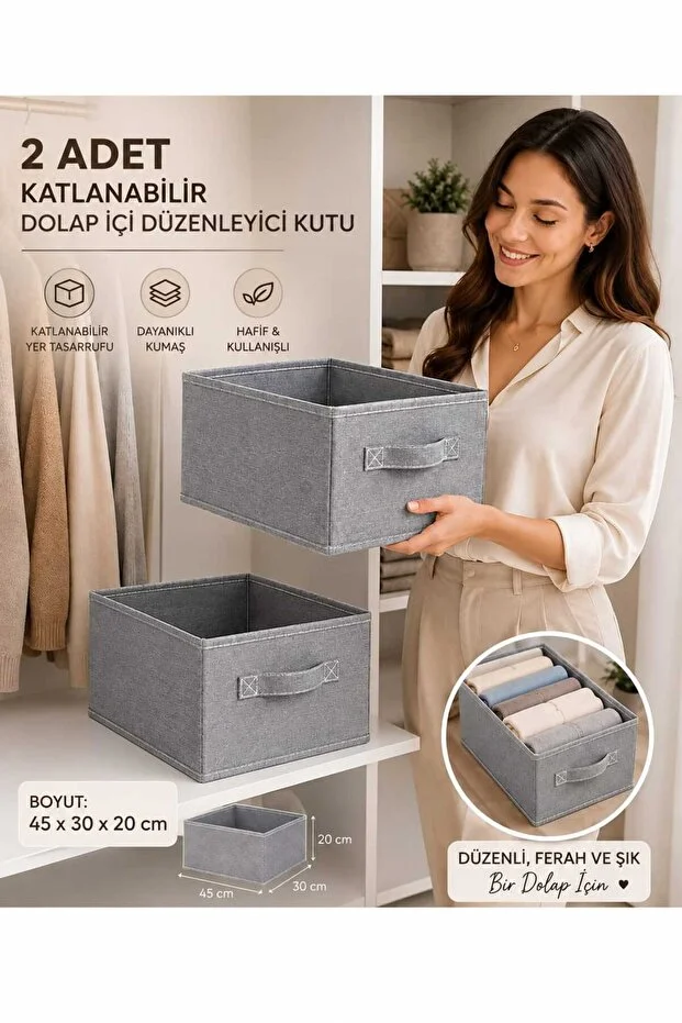 2 Adet Katlanabilir Dolap İçi Düzenleyici Kutu 45x30x20 Cm Kıyafet Ve Giysi Organizer Saklama Kutusu Açık gri