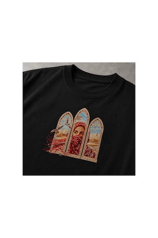 Yolo Street Oversize Siyah Unisex Tişört %100 Pamuk Çöl Kadını Pencere Baskılı Vintage Grafik Tasarım Siyah
