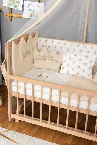 Ahşap Beşik Anne Yanı Beşik Organik Boyasız 60x120 - Krem Prens Erkek Uyku Seti Yatak Ahşap