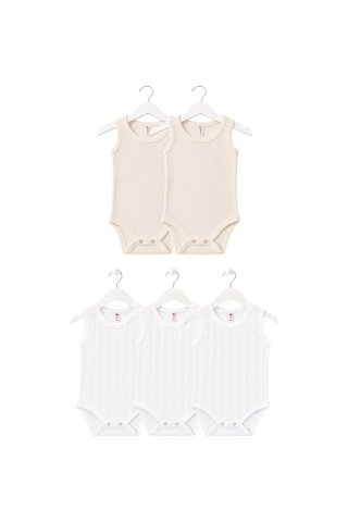 H&c Coolboy H&c 5'li %100 Pamuk Desenli Jakarlı Kolsuz Bebek Body Zıbın 2 Krem - 3 Beyaz