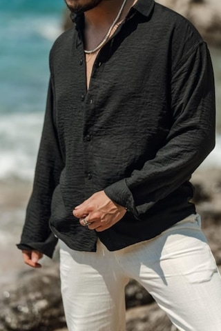 Cool Tarz Erkek Uzun Kollu Gömlek Yaka Keten Oversize Gömlek SİYAH
