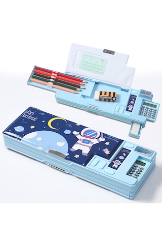 Çok Fonksiyonlu Kalem Kutusu Kalemlik Sevimli Uzay Unicorn Temalı Otomatik Kalemlik Hesap Makinesi Açık Mavi