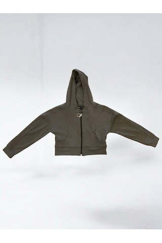 Kız Çocuk Pamuklu Crop Fermuarlı Kapuşonlu Hırka-15454 Haki
