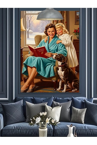 Mutlu Aile Köpekleri İle Retro Dekoratif Kanvas - Mdf Ahşap Tablo