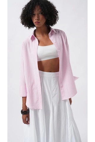 Defymoda Çizgili Basic Gömlek Pembe