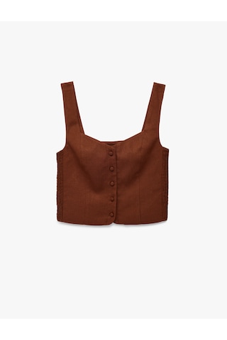 Koton Slim Fit Kalın Askılı Yanları Gipe Detaylı Düğmeli Crop Keten Yelek Kahverengi 6sak30001pw Kahve