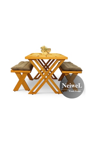 Neiwel Garden Sean Doğal Ahşap Banklı Bahçe Masa Takımı-70-100 Takım Açık Ceviz