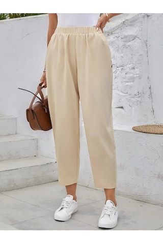 Munn Collection Kadın Yüksek Bel Yandan Cepli Düğme Detaylı Geniş Kesim Ithal Krep Pantolon Bej