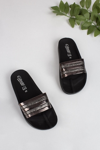 Kız Çocuk Simli Gold Detaylı Terlik-5676-koyu Kahve Koyu Kahverengi