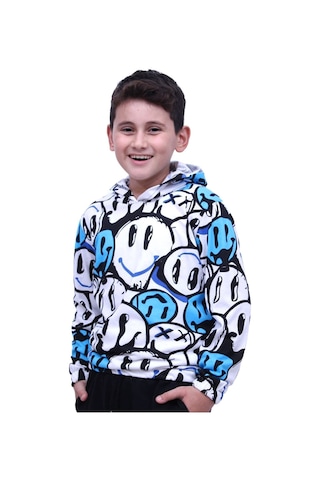 Fyk Kids Gülen Yüz Desenli Kapşonlu Unisex Sweatshirt Mavi