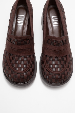 Luvishoes Luvi Shoes Marlon Kahverengi Örgülü Kadın Kalın Topuklu Loafer Ayakkabı Kahverengi