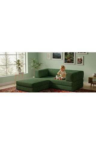 Herev 180x180 Cm 50 Dns Modüler Köşe Koltuk Fitilli Kadife Kumaş, Yatak Olabilen, Modern Tasarım Şark Köşe Yeşil