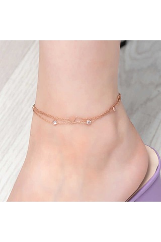 Blackcraft Gümüş Rose Çift Zincirli Kalp Zirkon Taşlı Halhal Bc-a42a5d Renkli