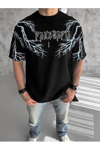 Valensdesign Unisex Bisiklet Yaka Baskılı Oversize T-shirt-siyah