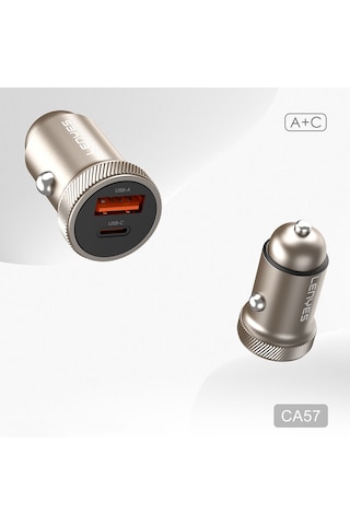 Lenyes Ca57 Hızlı Şarj Özellikli Dual Type-c + Usb-a Portlu Mini Araç Şarj Aleti 30w Kahverengi