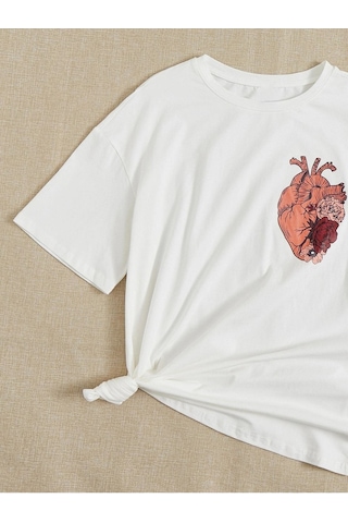 Kadın Beyaz Oversize Kalp Baskılı Örme T-shirt Beyaz-58442
