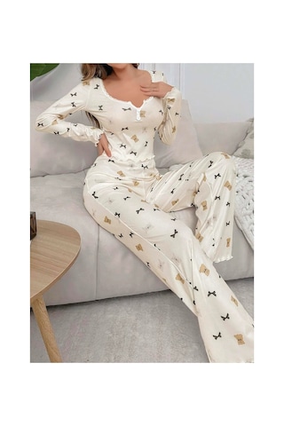 Ruselin Kadın Ekru Ayıcık Ve Fiyonk Desenli Yumuşak Pamuklu Uzun Pijama Takımı-beyaz-l/xl - 9021852062917