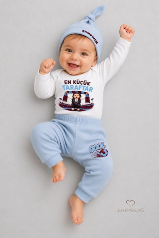 Babyden's %100 Pamuk Bebek Takımı Bordo Mavi En Küçük Taraftar Baskılı 3'lü Yenidoğan Bebek Takımı Uzun Kollu Body Pantolon Şapka Set