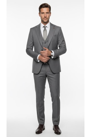 Erkek Klasik Slim Fit Takım Elbise Notch Yaka, Yaka Punto Dikişli, Tek Düğmeli, Çift Yırtmaçlı Gri