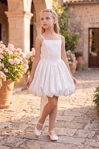 Butik Happy Kids Kız Çocuk Abiye Beyaz Monoray Parlak Kumaş Balon Etekli Askılı Fiyonklu Abiye Elbise 9-12 Yaş Doğum Günü Düğün Davet Elbisesi