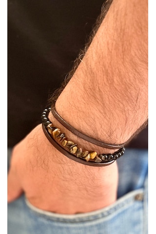 Kaplan Gözü,oniks Hakiki Deri İle Türk Yapımı Erkek Bileklik 21cm