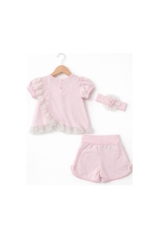 Kardeşler Bebe Kız Bebek Dantelli Şortlu Takım & Saç Bandı 3 Lü Pembe
