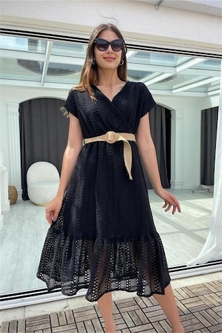 Neşeli Butik Kadın Siyah Hasır Kemerli Dantel Elbise Dk0001 Siyah