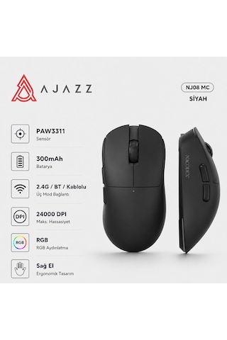 Nj08 Mc Kablosuz 3 Modlu Rgb Oyuncu Mouse 24.000 Dpı Paw 3311 Sensör Diğer