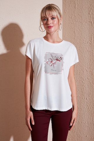 Lela Baskılı Bisiklet Yaka Regular Fit Bayan T Shirt 6671002 Ekru