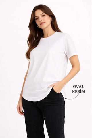 Valensdesign Basic T-shirt Kısa Kol Bisiklet Yaka Oval Kesim Tişört - Beyaz