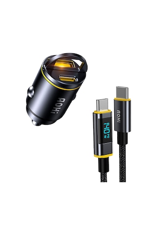 Aohi Superauto 2 Portlu Pd 45w Araç İçi Şarjı, 140w Led Ekranlı Naylon Örgülü Süper Hızlı Şarj Kablo