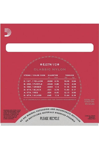 D'addario Ej27n 1/2 Classics Serisi Klasik Gitar Tel Seti 1/2 Ölçek - Normal Tension - Gümüş Sarım