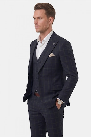 Rizzup Erkek Koyu Lacivert Slim Fit 3 Lü Takım Elbise Kareli Ekose Desenli Yelekli Şık Takım 2600517