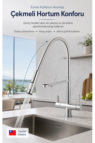 Likuan 3 Yollu Spiralli Krom Mutfak Bataryası Arıtmalı Çekmeli Evye Musluğu Nkd52n12cp Gümüş