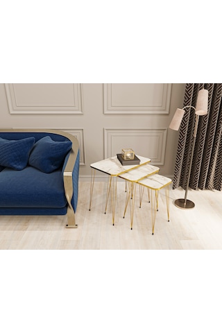 Zigon Sehpa 3'lü Dikdörtgen Gold Tel Ayaklı Beyaz Mermer-Gold