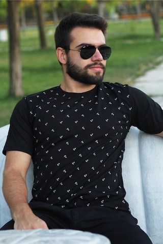 Erkek Siyah Çapa Desen Kısa Kollu Rahat Tişört 20etshcapa 001