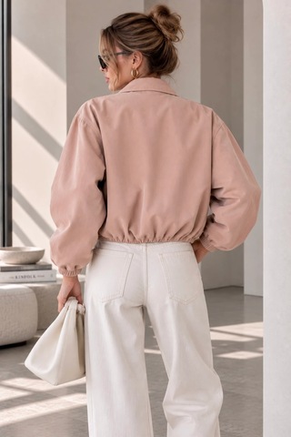 Bb Butik Basic Mevsimlik Fermuarlı Bomber Ceket Oversize Rahat Kalıp Fs3434 Pudra