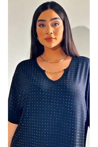 Elaxi Zincir Detaylı Taşlı Viskon Bluz Siyah