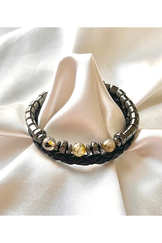 %100 Deri-hematit Kombin Erkek Bileklik Net 21cm Türk El Üretimi Siyah - Gri